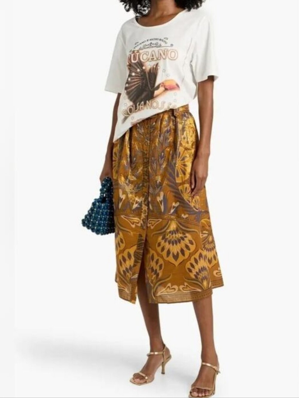 Farm Rio Metallic Mixed Print Cotton Blend Skirt - NWT - Gold Multi. Size S
